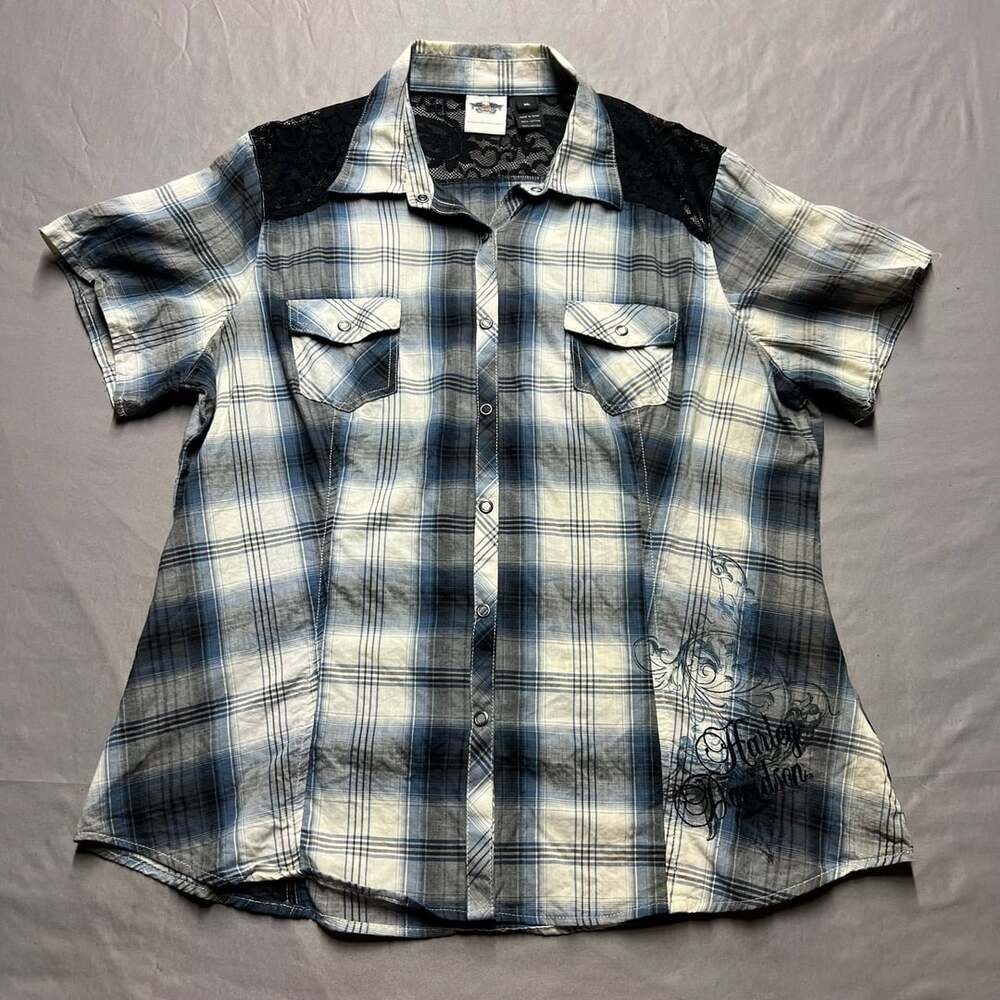 Harley Davidson Plaid Western Shirt Size XL Blue Black Lace Shoulder Y2K Style